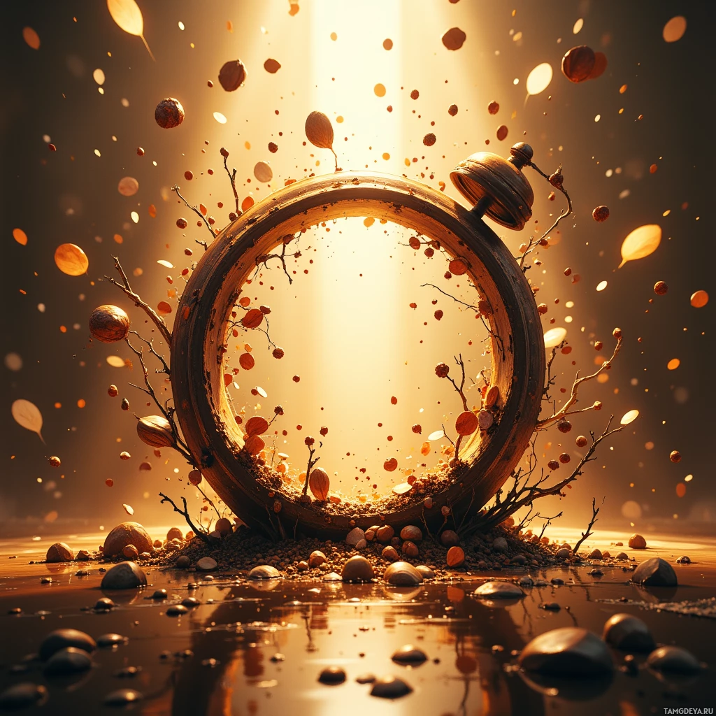 A circular wooden frame surrounded by autumn leaves and branches, set against a glowing, golden background.