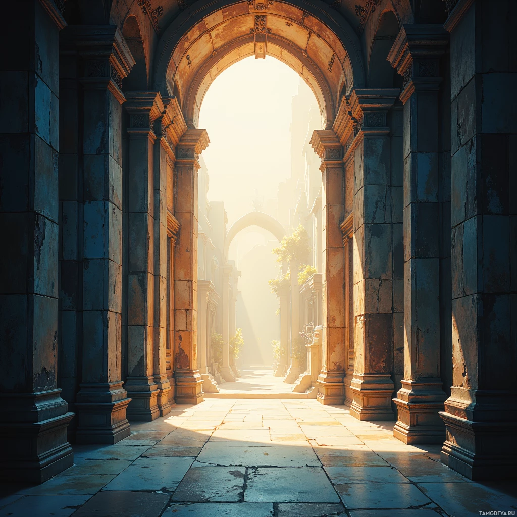 A sunlit corridor with stone arches and columns leading to a bright, open sky.