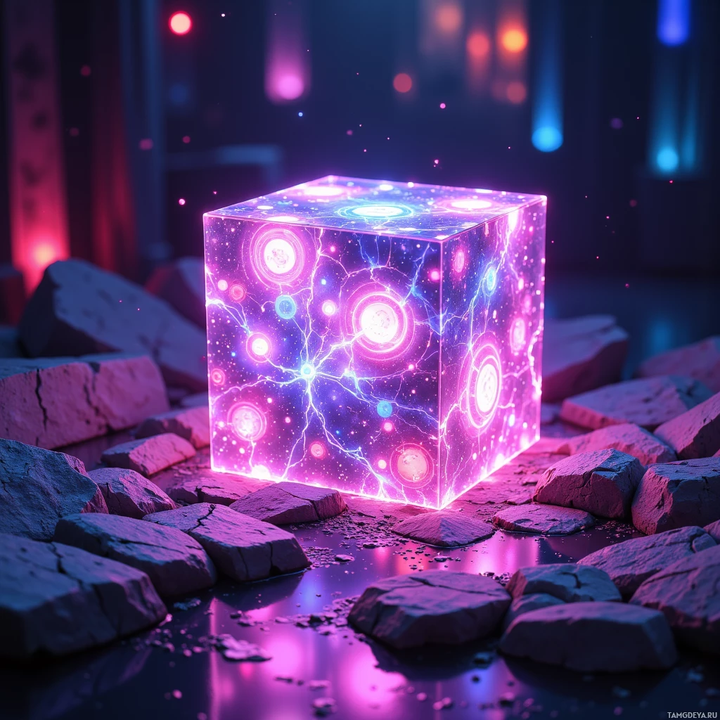 A glowing, transparent cube with intricate patterns sits atop rocks in a dark, ethereal environment.