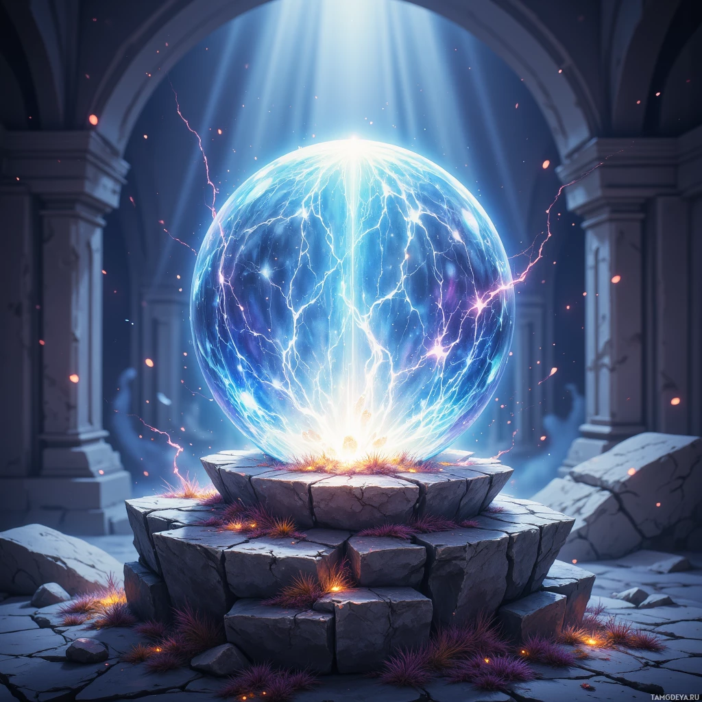 A glowing, electric sphere sits atop a stone pedestal in a dimly lit, ancient chamber.