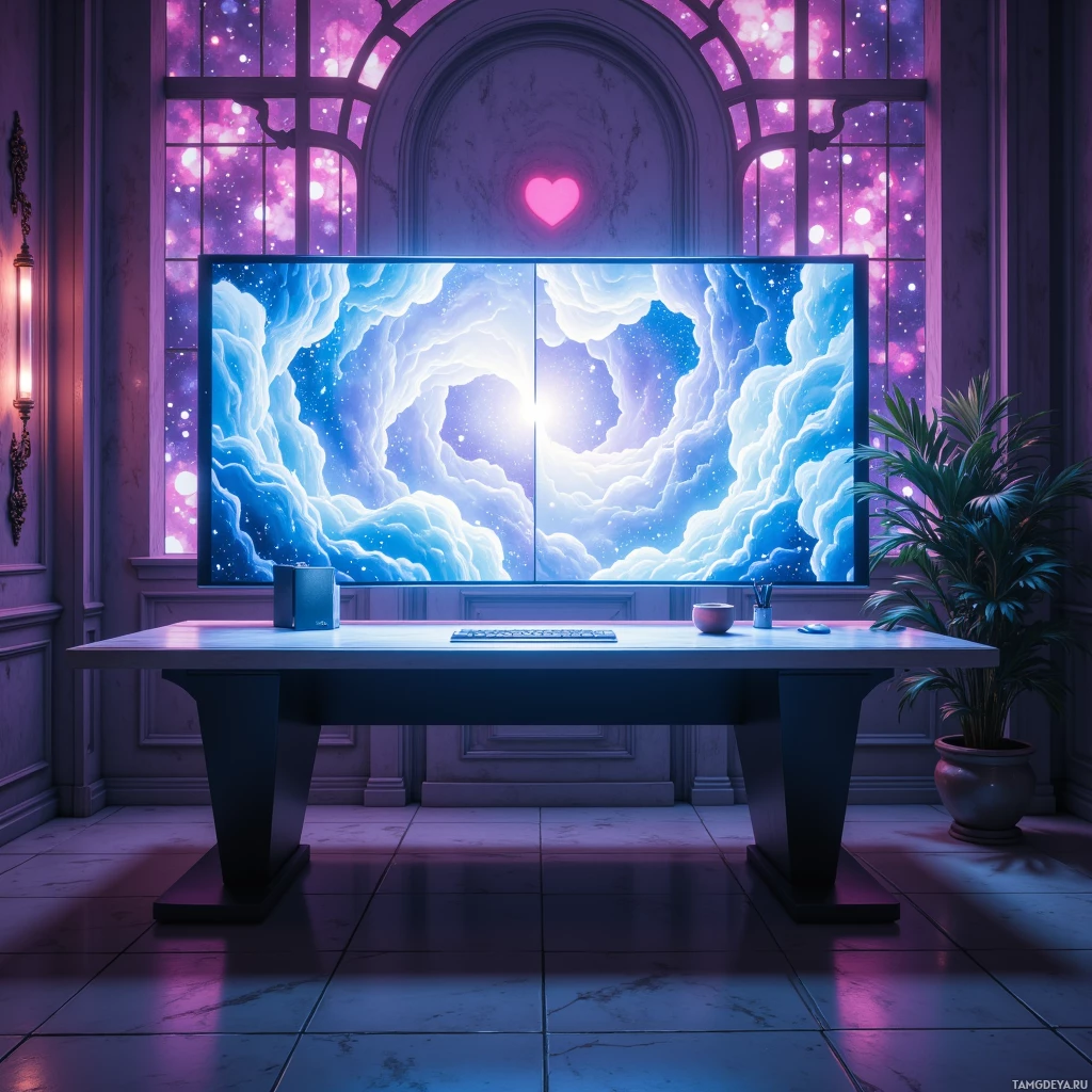 A serene workspace with a large screen displaying a cosmic scene, a desk, and a potted plant.