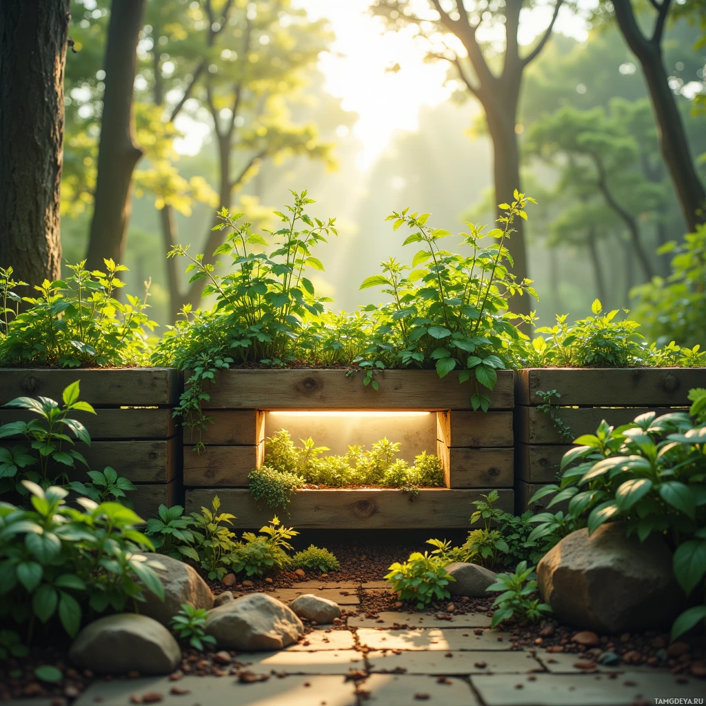 A serene garden scene with lush greenery, wooden planters, and a stone pathway bathed in soft sunlight.