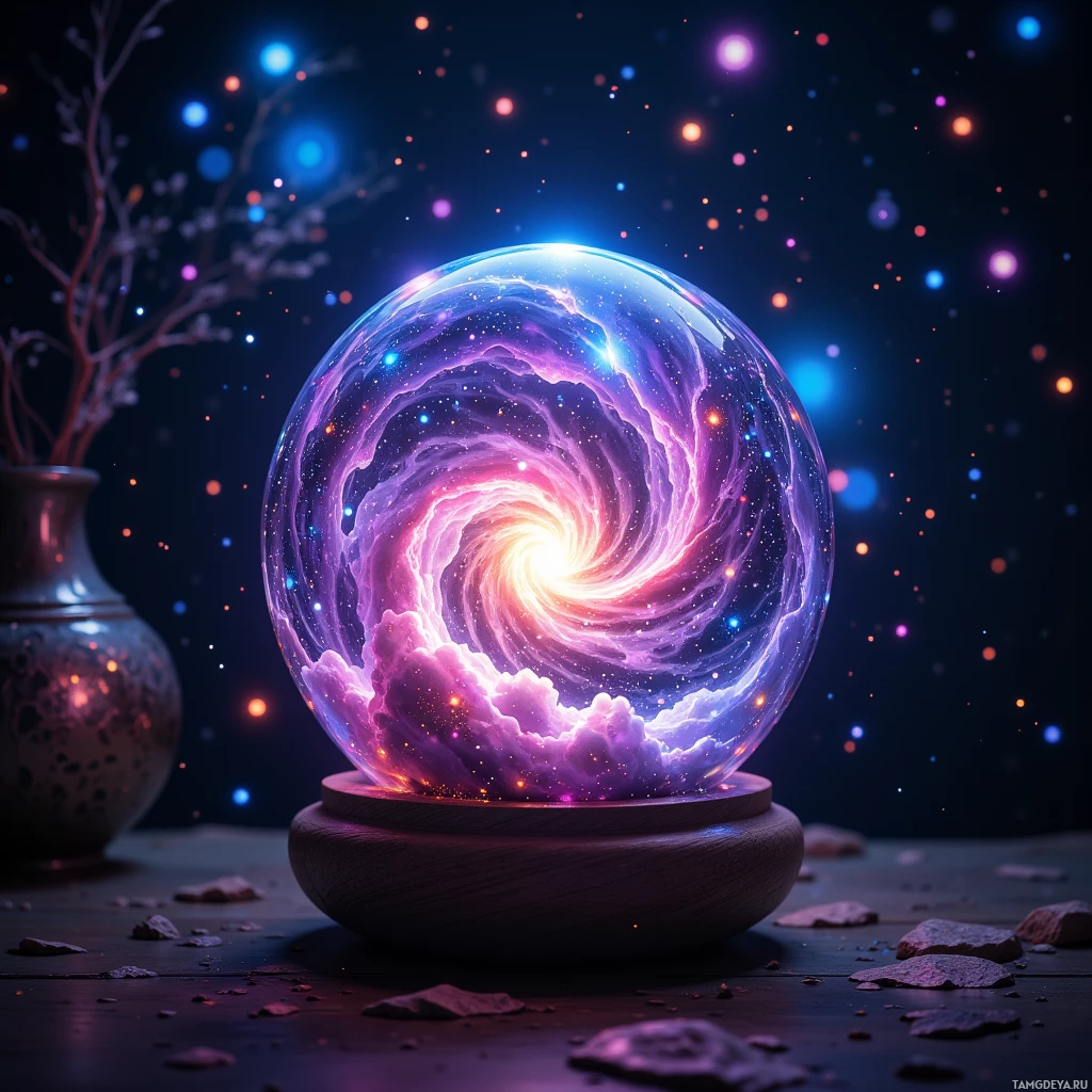 A glowing crystal ball with a cosmic, swirling interior sits on a wooden base, surrounded by small rocks and a dark, starry background.
