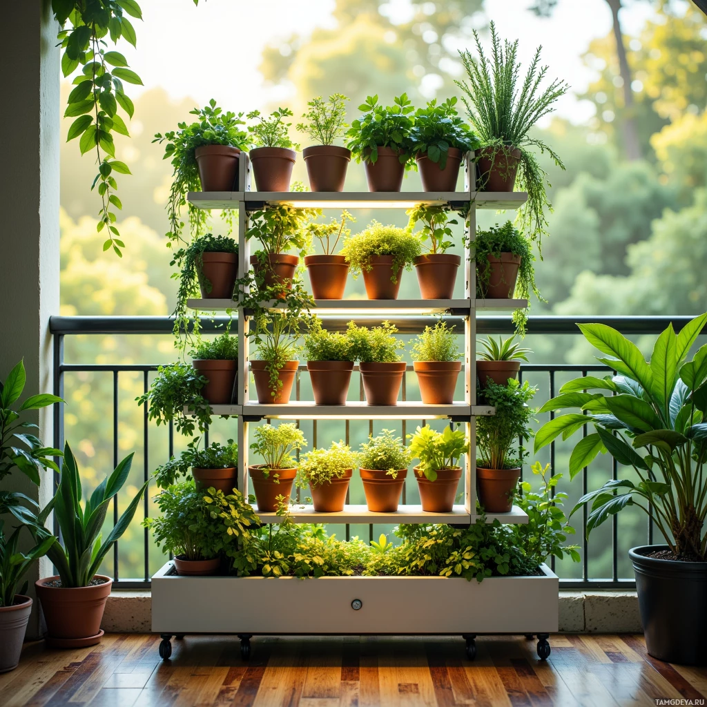 A well-lit balcony with a tiered shelving unit filled with potted plants and a hanging vine.