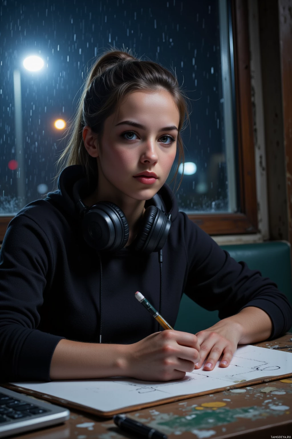 A young person wearing headphones sits at a desk, writing on a piece of paper with a pencil.