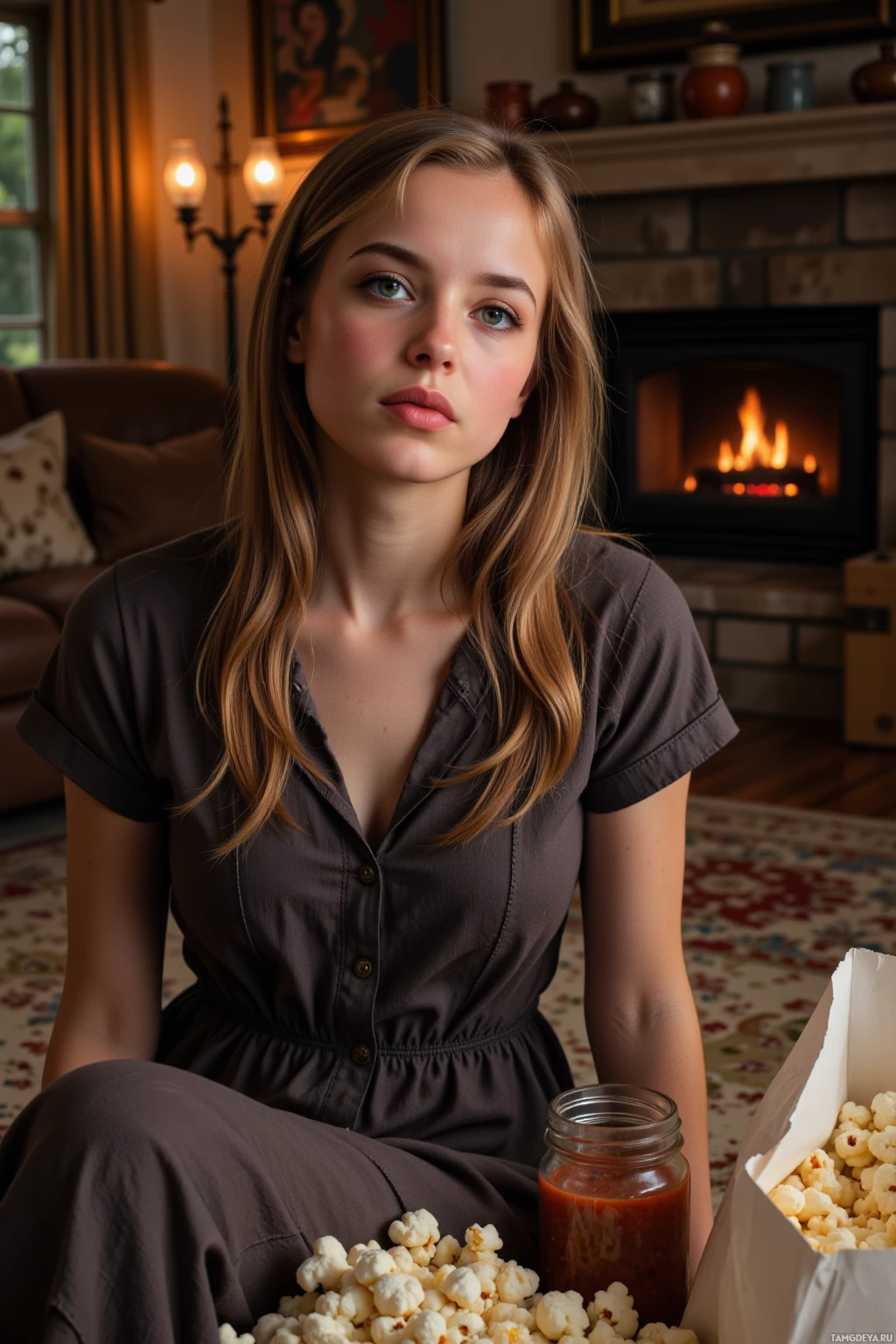 A woman sits in a cozy living room with a fireplace, holding a jar of sauce and a box of popcorn.