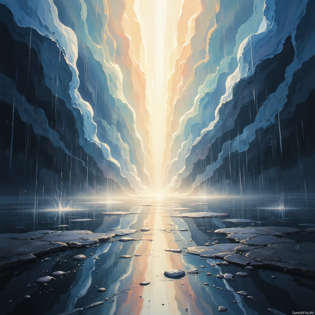 A serene scene of a glowing light at the end of a narrow, icy passage with water droplets falling.