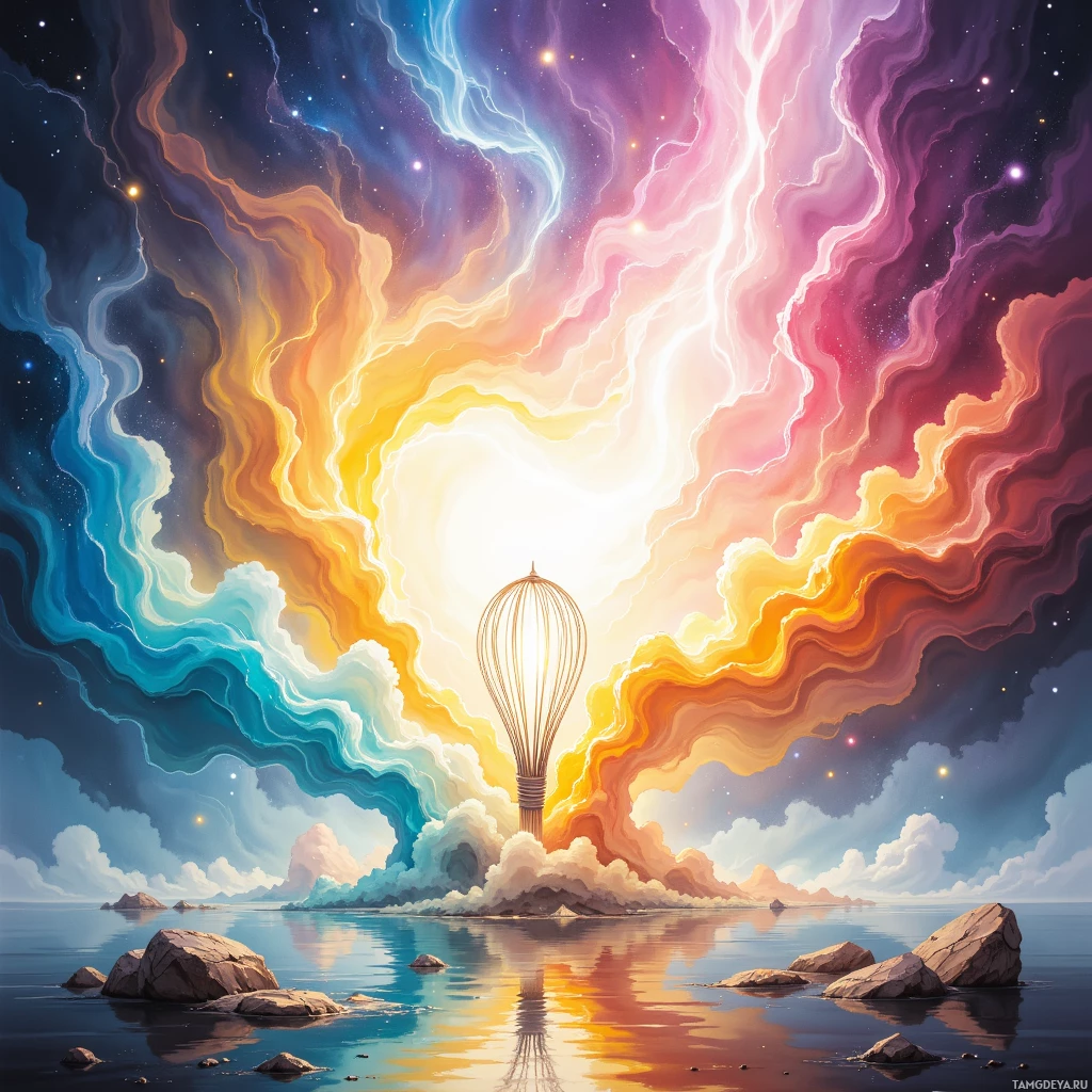 A vibrant, surreal landscape featuring swirling clouds, a glowing light bulb, and a serene body of water with rocks.