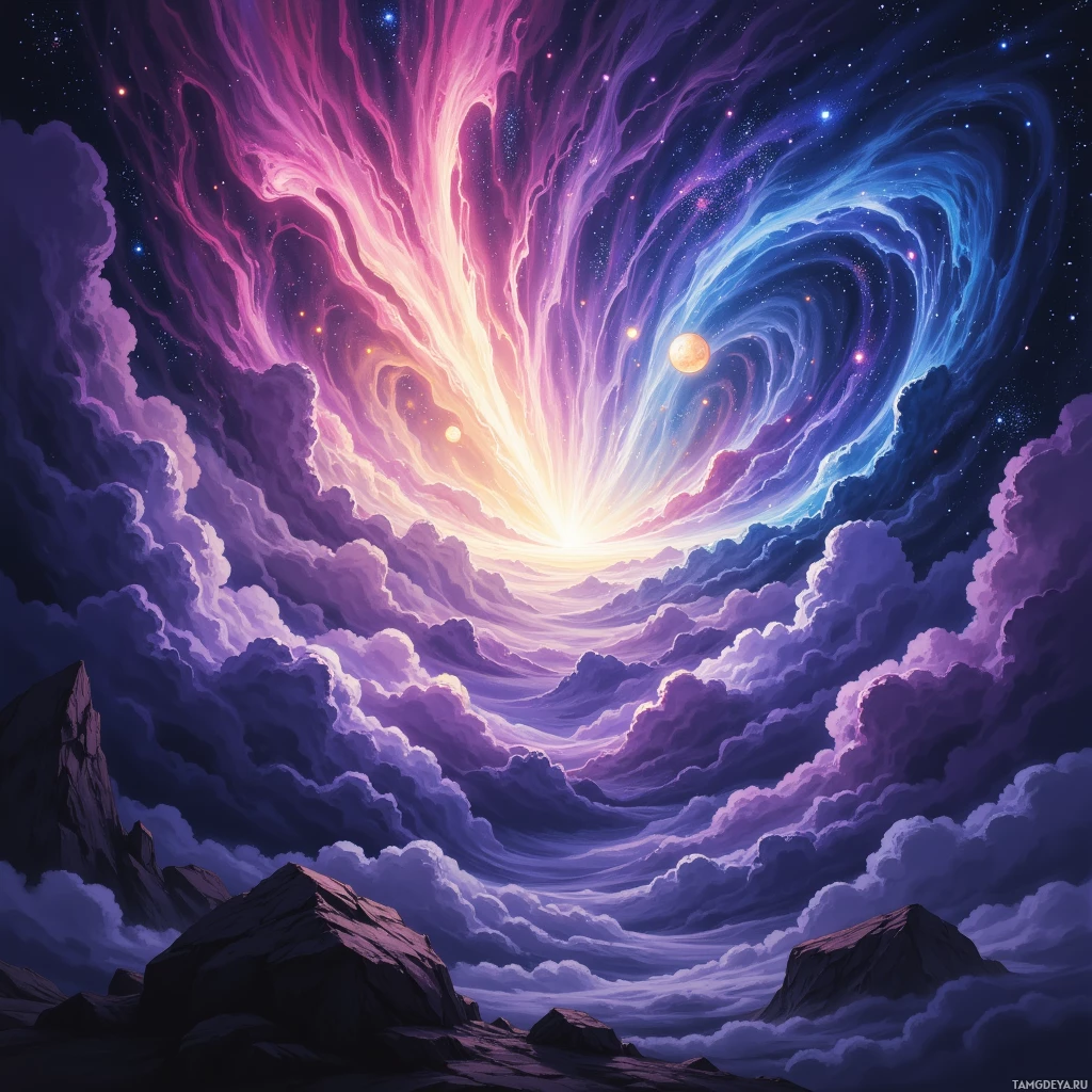 A vibrant cosmic scene with swirling clouds, a glowing celestial body, and a starry night sky.