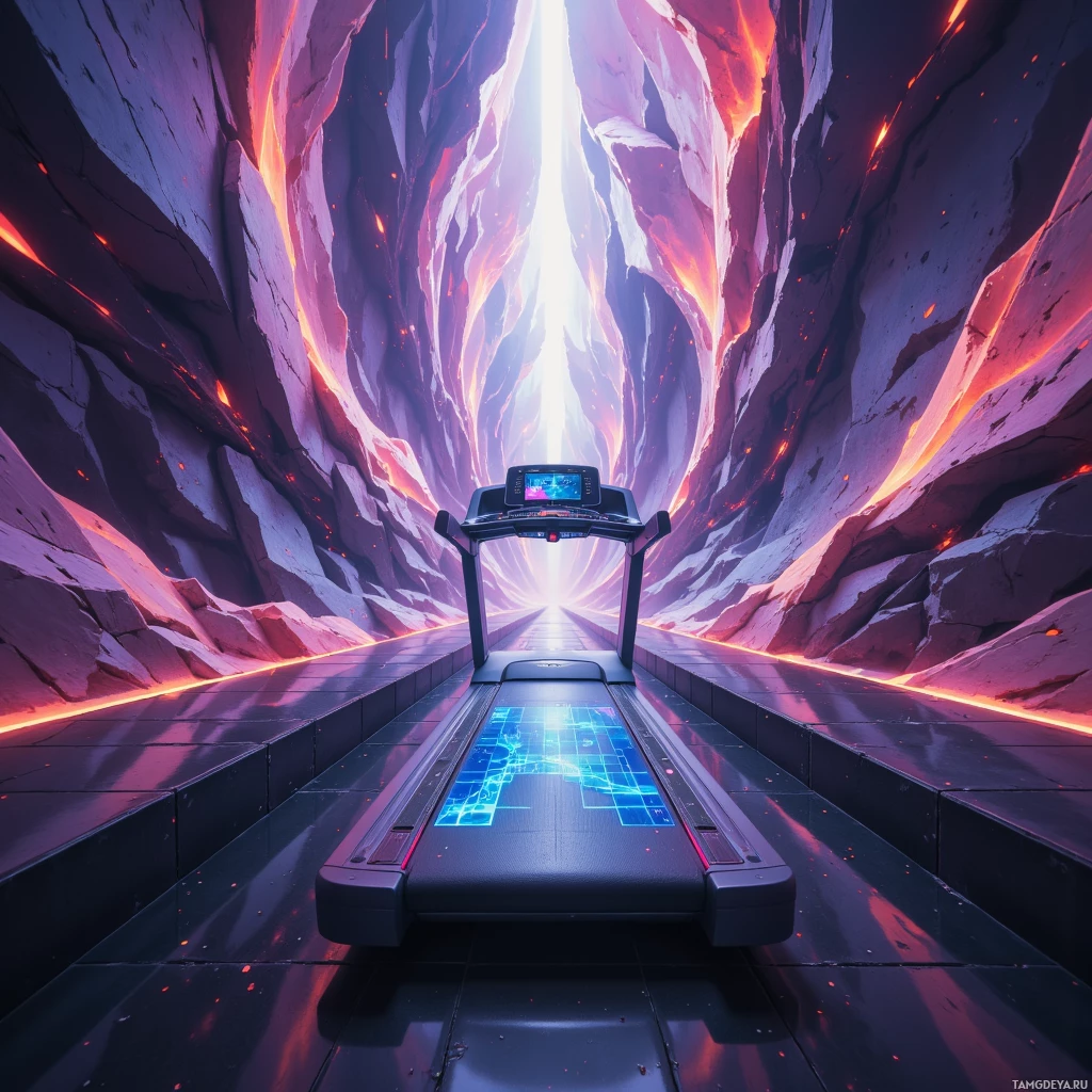 A treadmill is positioned in a futuristic, neon-lit tunnel with glowing rock walls.
