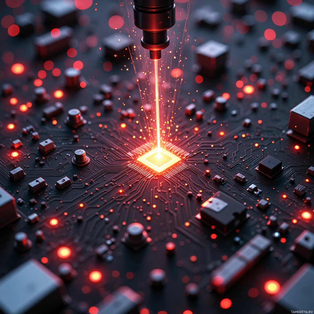 A glowing circuit board with a central bright light and intricate wiring.