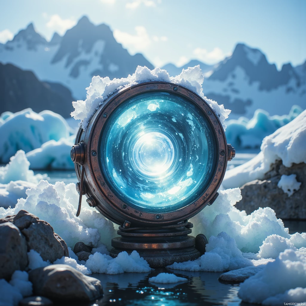 A large, glowing, circular device sits on snowy ground with icy mountains in the background.