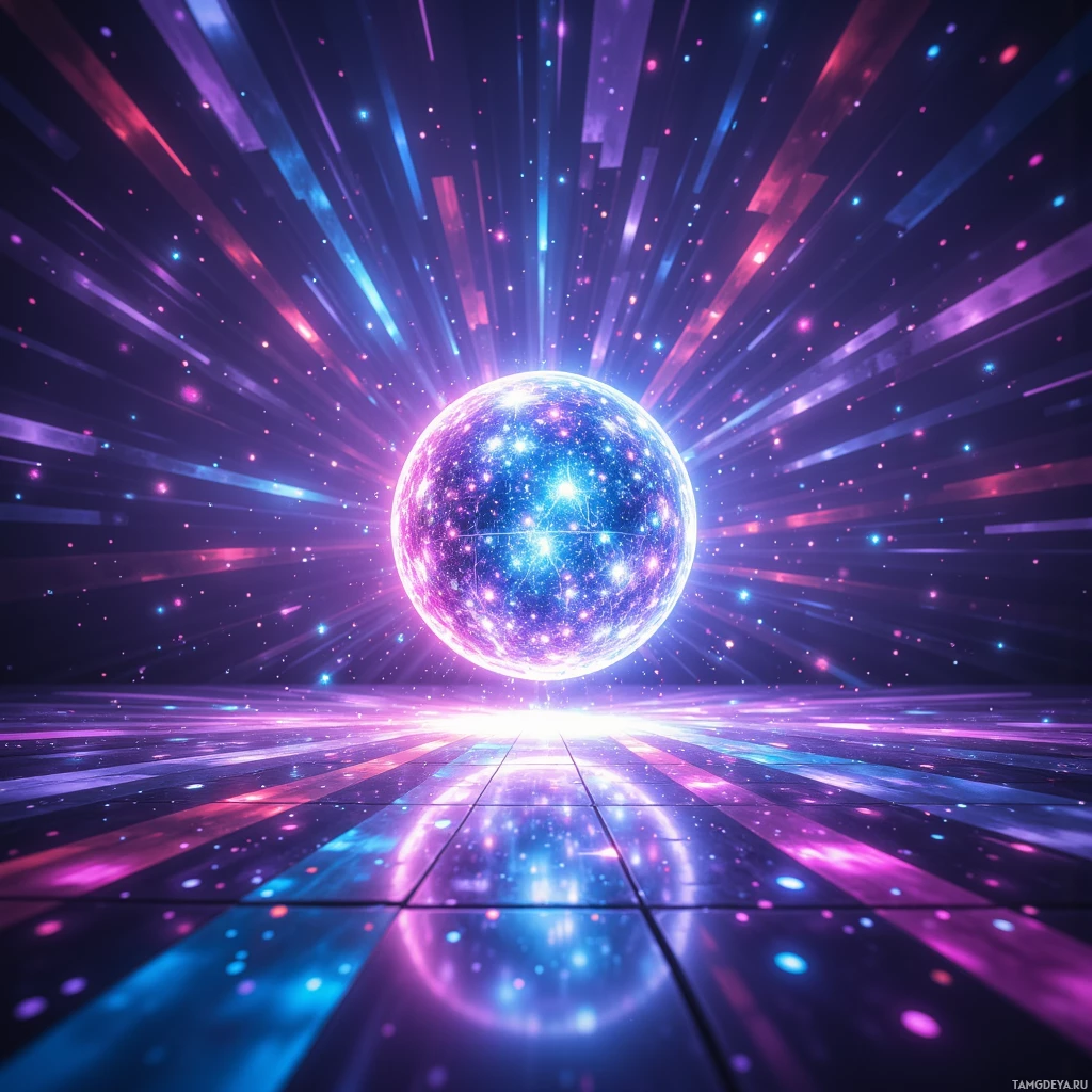 A vibrant, futuristic scene featuring a glowing sphere with radiant light beams and a reflective floor.