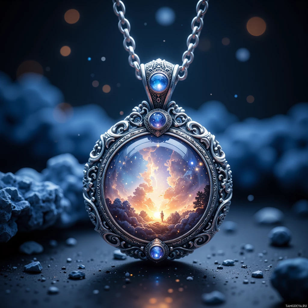 A necklace with an ornate pendant featuring a cosmic scene of a glowing sky and clouds.