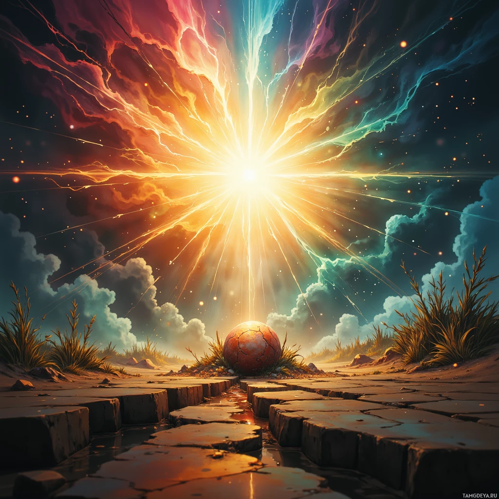 A vibrant, cosmic scene with a glowing sphere emitting radiant light and colorful streaks against a starry sky.