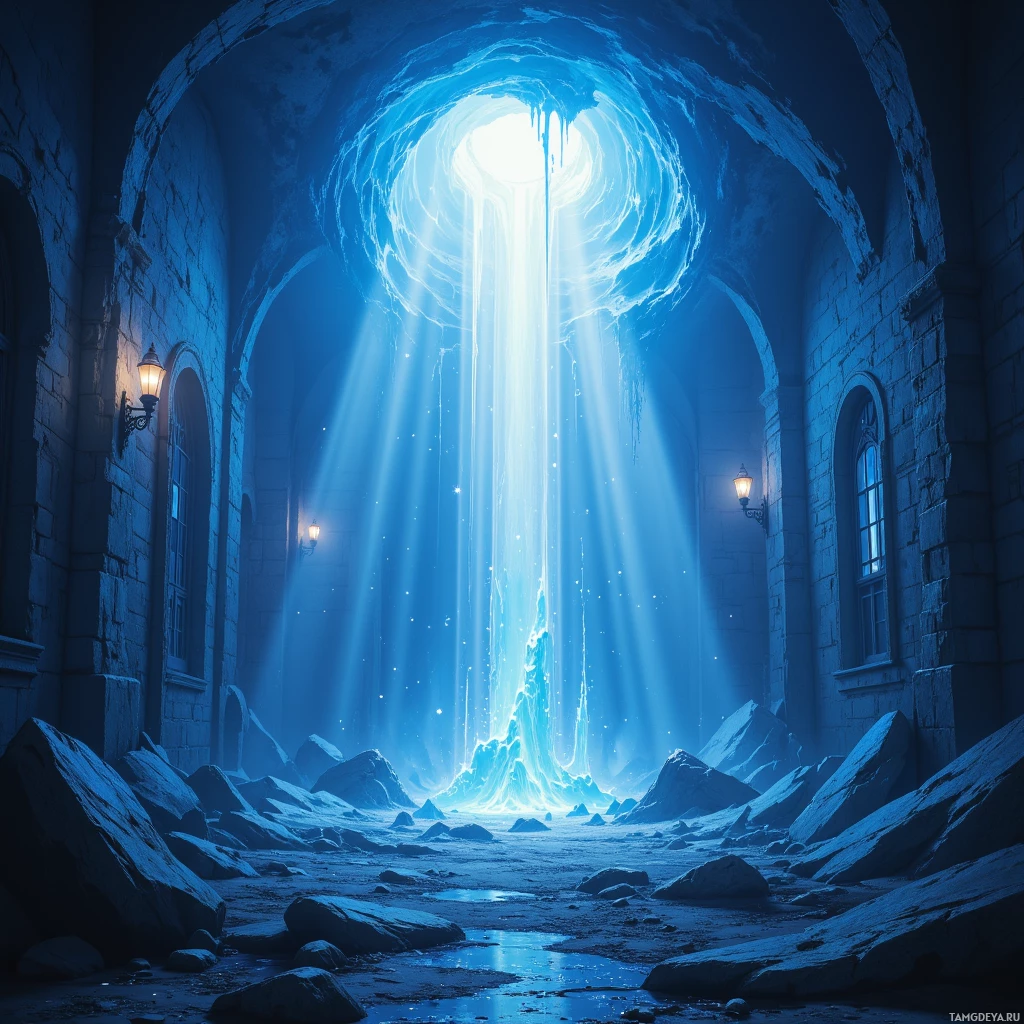 A mystical, ethereal scene with a glowing portal emitting beams of light into a stone-walled corridor.