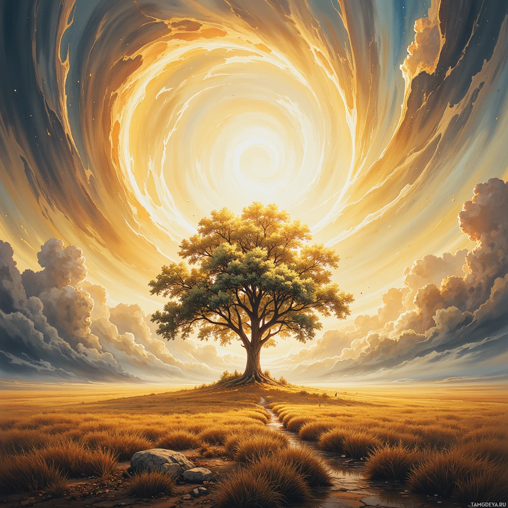 A solitary tree stands on a hill under a swirling, radiant sky.