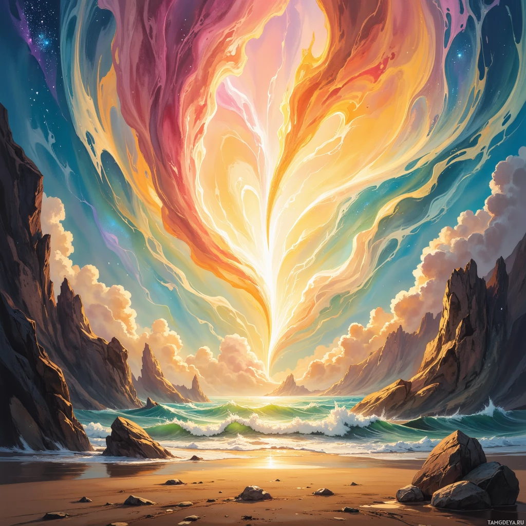 A vibrant, surreal landscape featuring a dramatic sky with swirling clouds and a glowing light source, meeting a rugged coastline with crashing waves and rocky formations.
