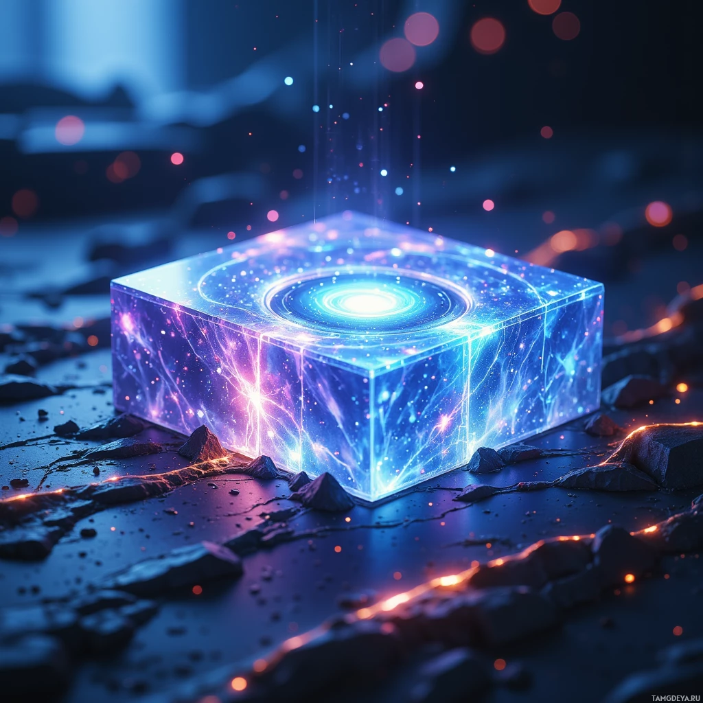 A glowing, transparent cube emits vibrant light and energy, set against a dark, rocky landscape.