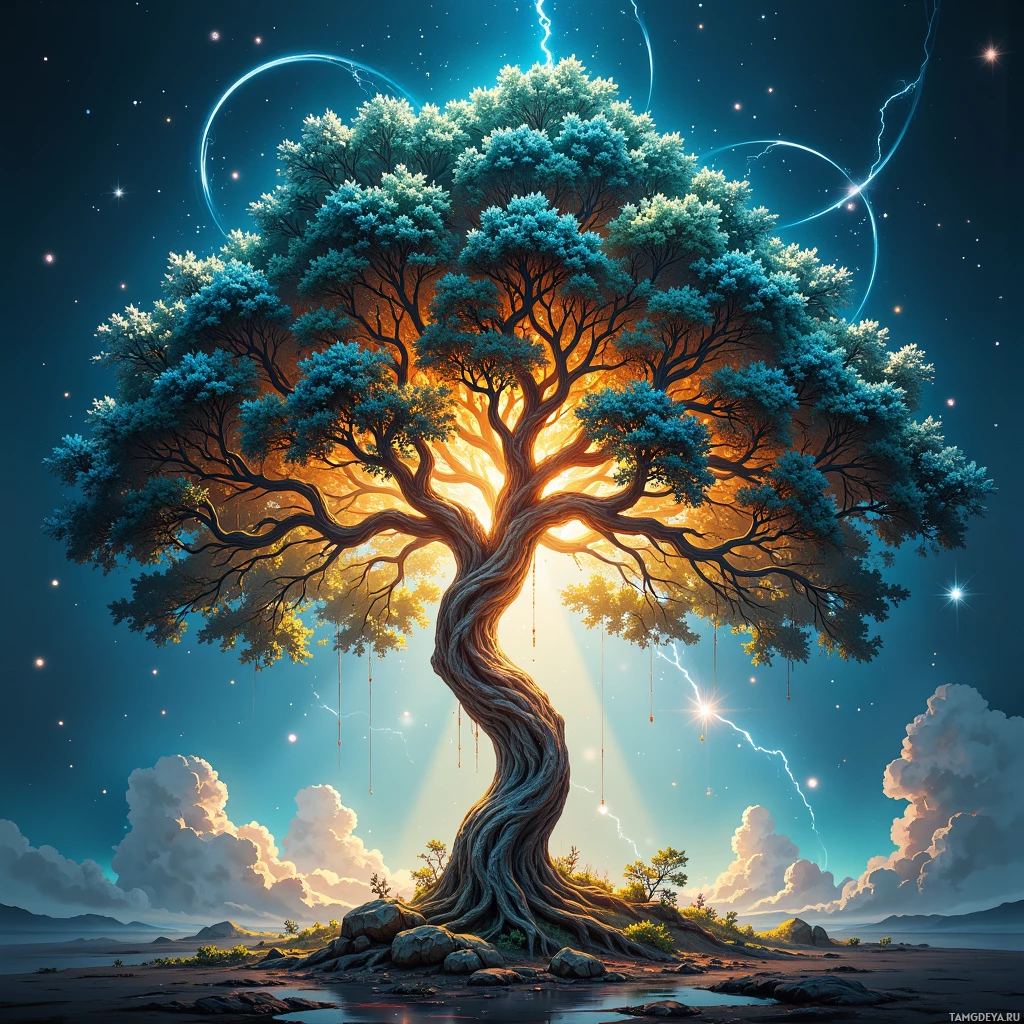 A majestic tree with glowing leaves stands tall against a starry sky, casting a radiant light.