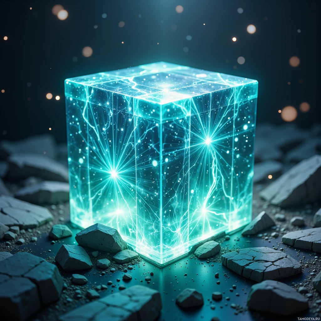 A glowing, transparent cube with intricate light patterns sits on a rocky surface against a dark, starry background.