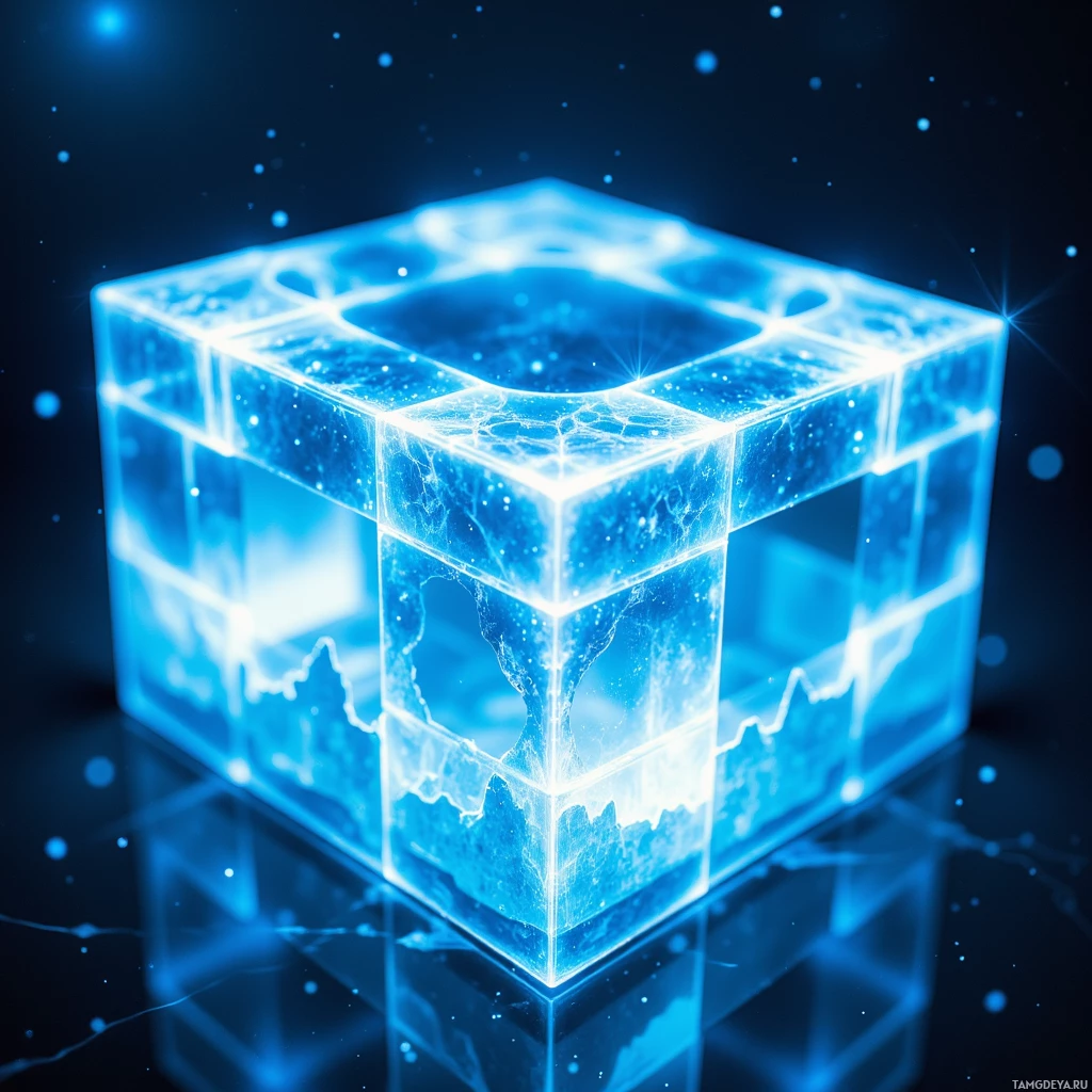A glowing blue cube with intricate patterns and reflections on a dark background.