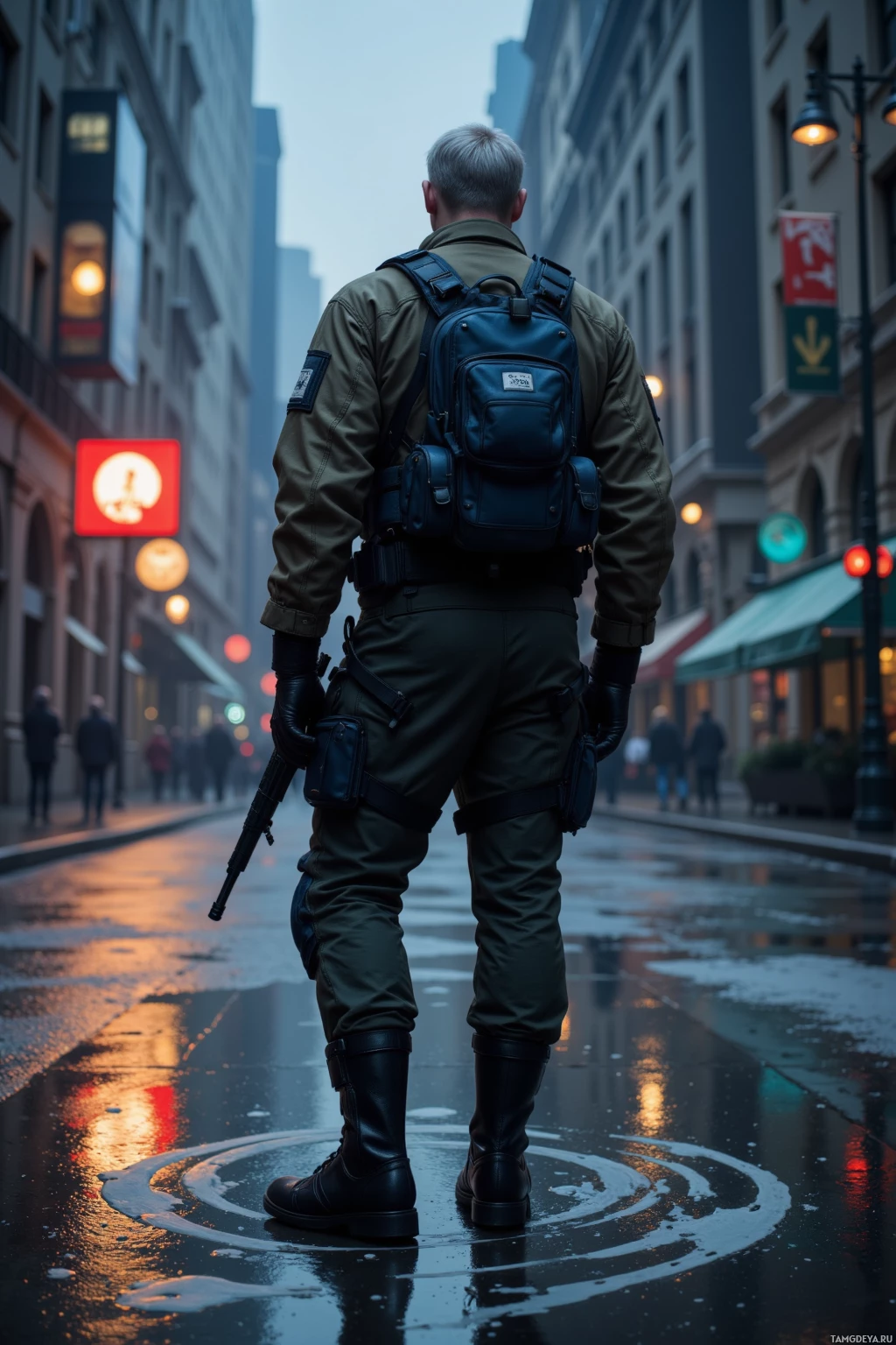 A person in military-style attire stands on a wet street, facing away, with a backpack and weapon.