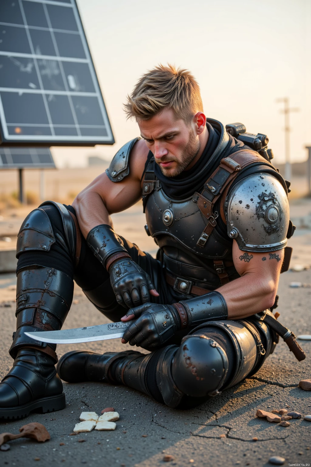 A person in rugged, dark armor kneels on the ground, holding a knife.