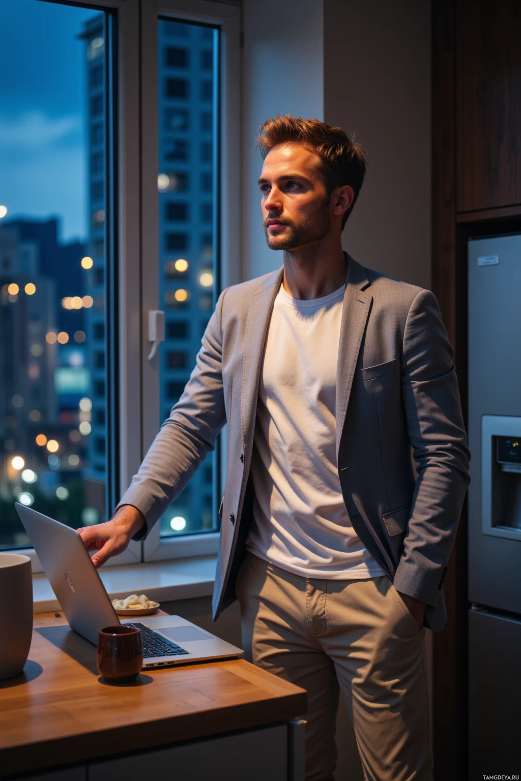 A man stands by a window in a modern kitchen, looking out at the city at night.