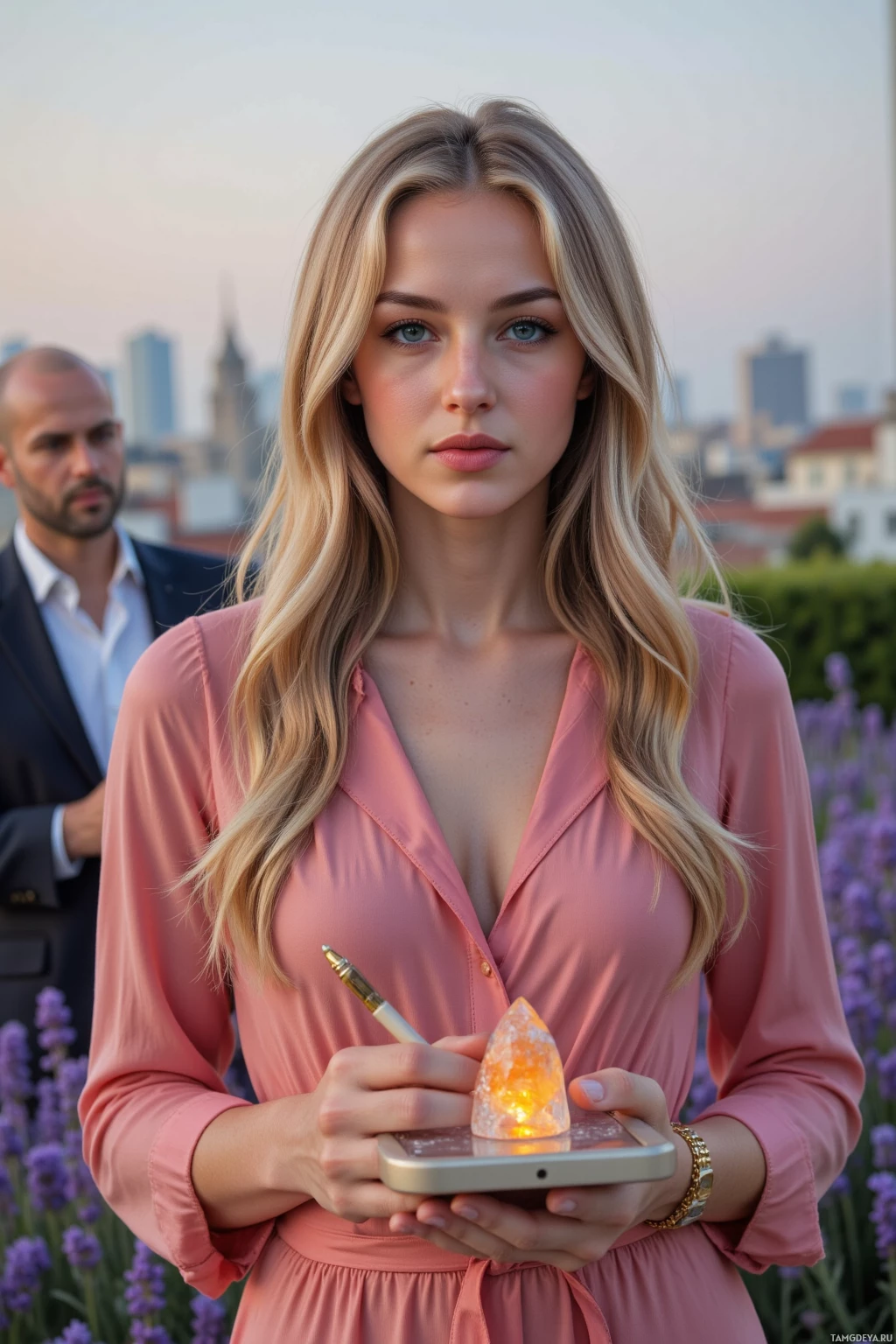 A woman in a pink dress holds a glowing crystal while standing in front of a cityscape.
