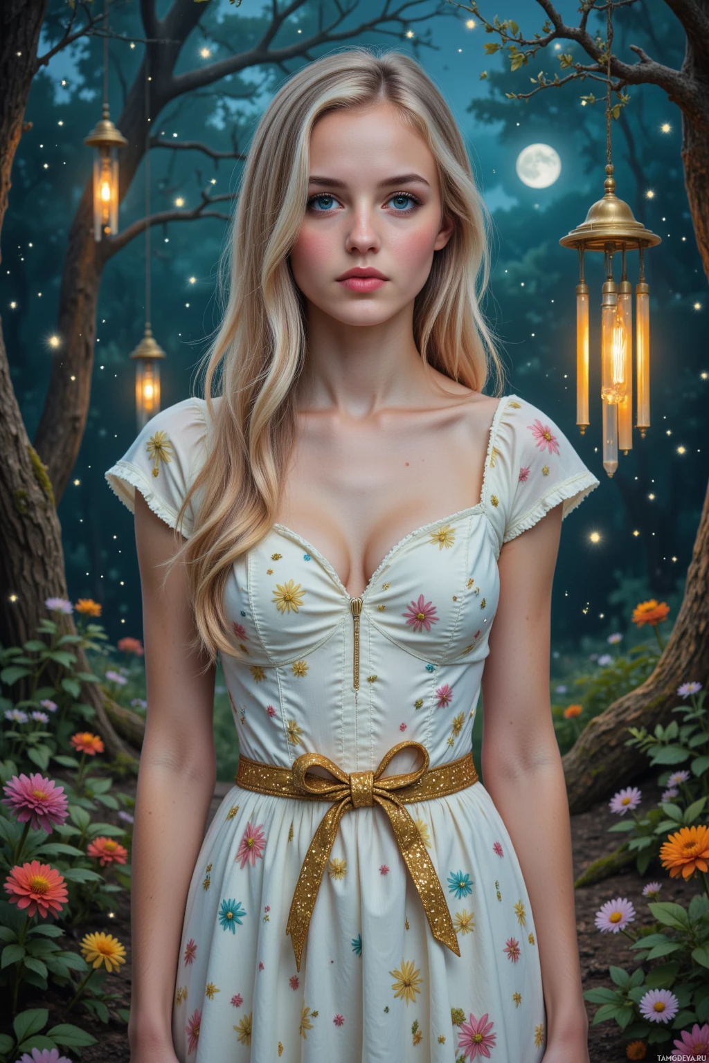 A woman in a floral dress stands in a magical forest setting with glowing lanterns and stars.