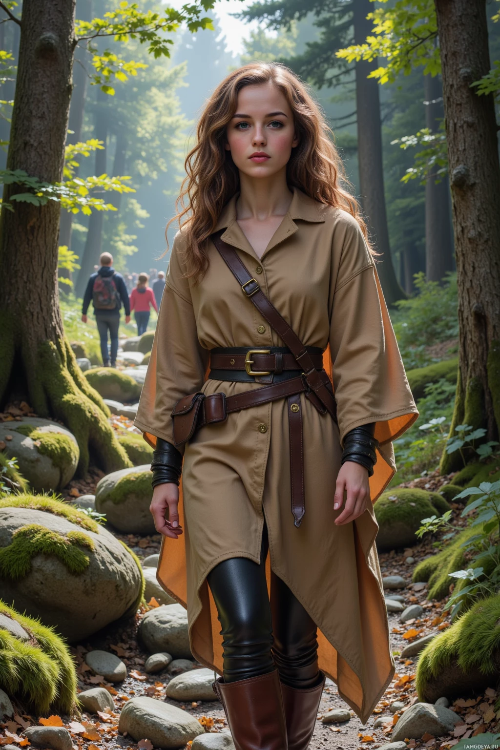 A person in a beige trench coat and brown boots stands in a forested area with other people in the background.