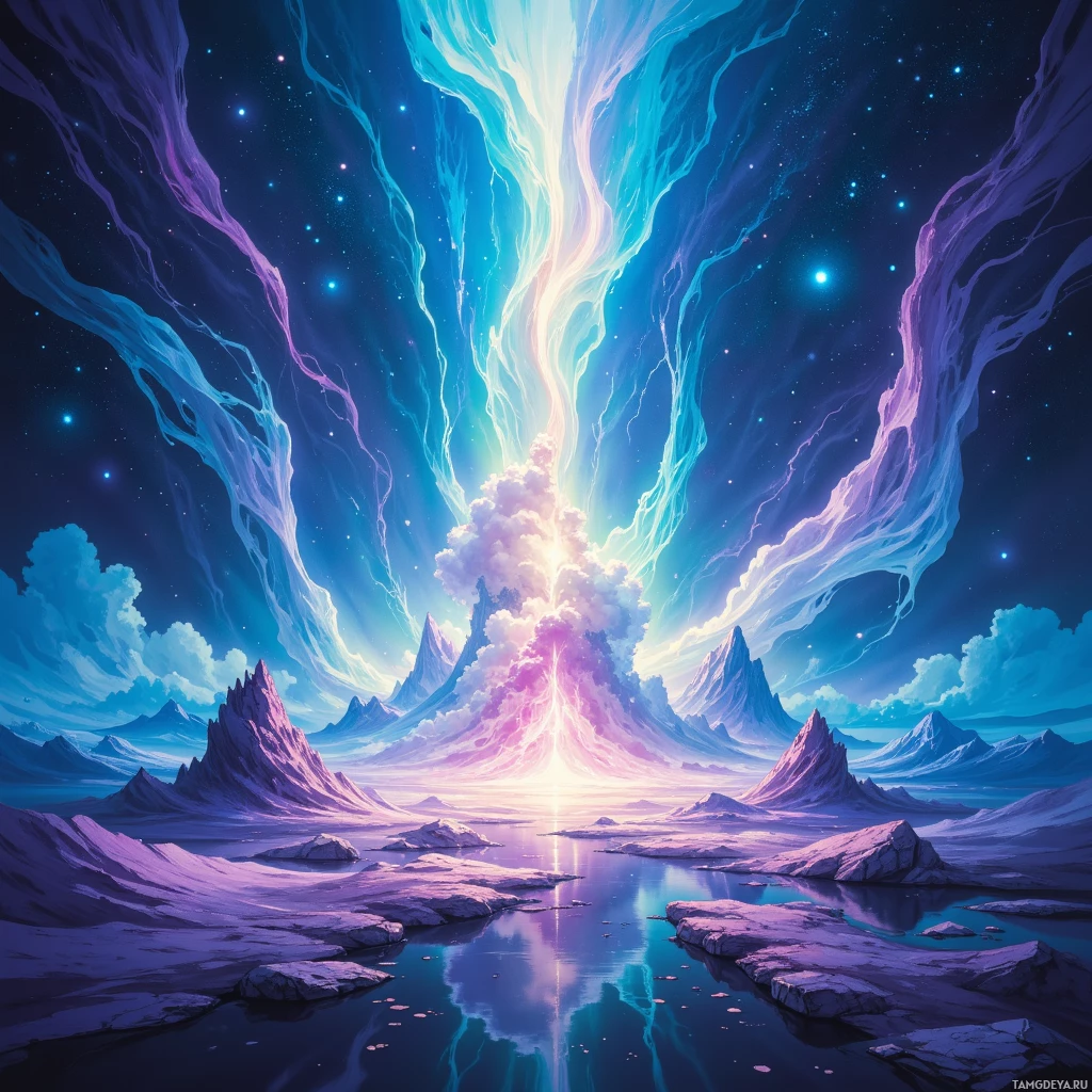 A fantastical landscape featuring a glowing, ethereal mountain peak surrounded by starry skies and flowing, colorful clouds.