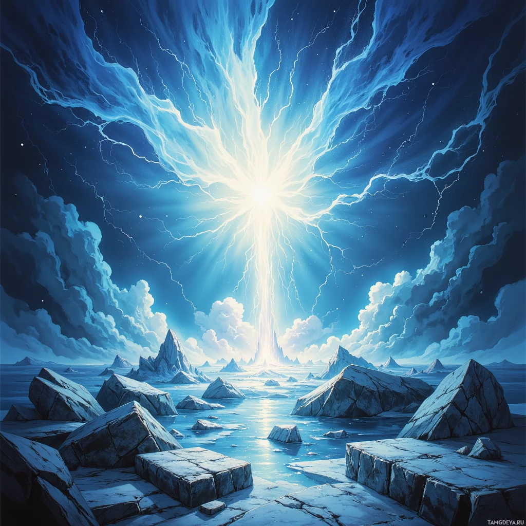 A vibrant, ethereal scene featuring a radiant light source emitting beams of light and energy, surrounded by jagged rock formations and a starry night sky.