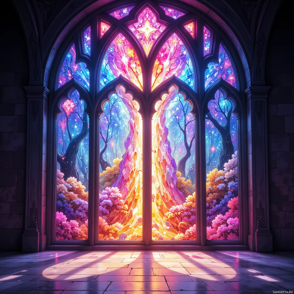 A vibrant stained glass window depicting a fantastical forest scene with colorful trees and glowing light.