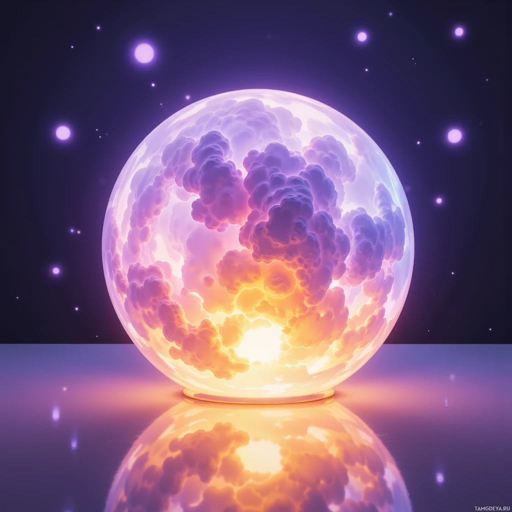 A glowing, spherical object with a cloud-like texture and a gradient of colors from purple to orange, set against a starry background.