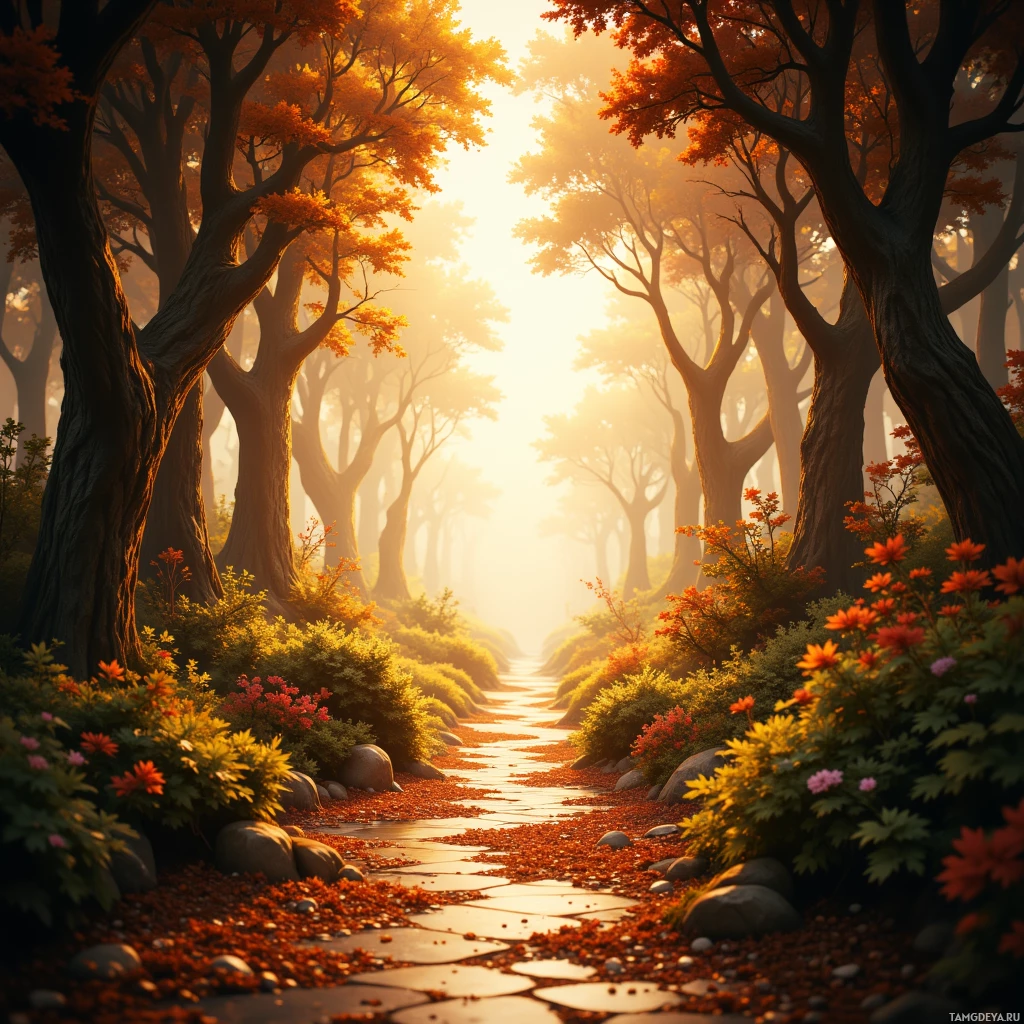 A serene forest path lined with autumn foliage and glowing sunlight.