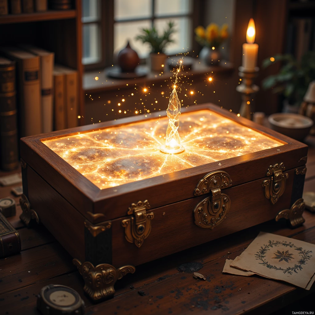 A glowing, magical box sits on a wooden table, surrounded by books and a lit candle.