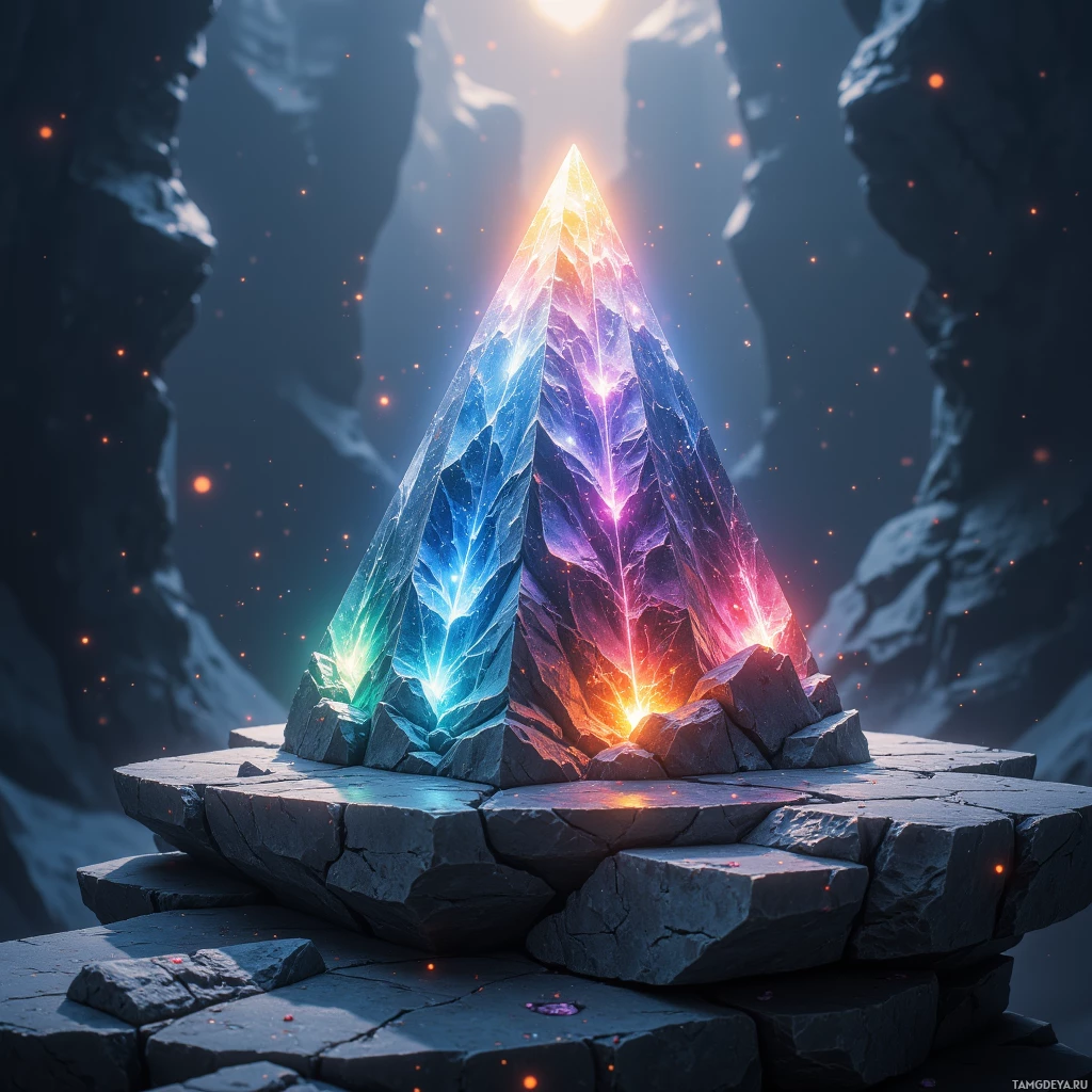 A glowing, multi-colored pyramid sits atop a rocky platform amidst a dark, mountainous landscape.
