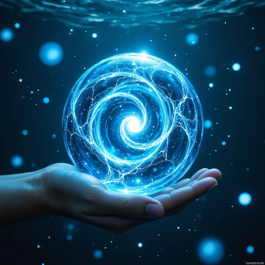 A hand holds a glowing, swirling blue energy sphere against a dark, starry background.