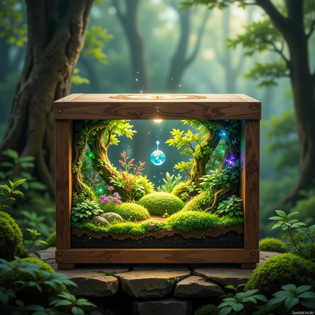 A wooden box with a glowing sphere inside, surrounded by lush greenery and trees in the background.