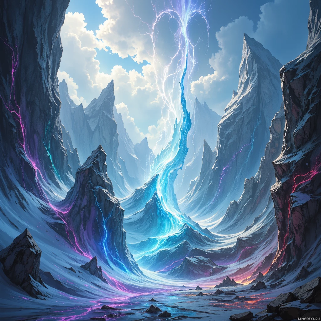 A dramatic, fantastical landscape featuring jagged, icy mountains with vibrant lightning streaks illuminating the sky.