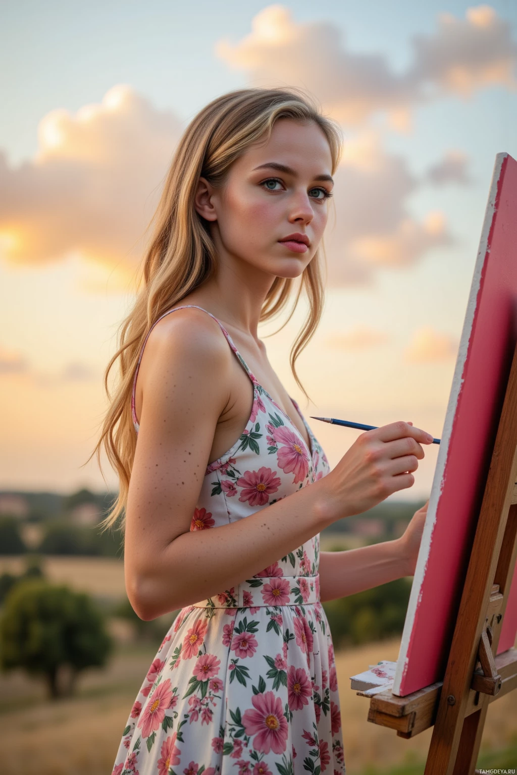 A woman in a floral dress paints on an easel outdoors under a sunset sky.