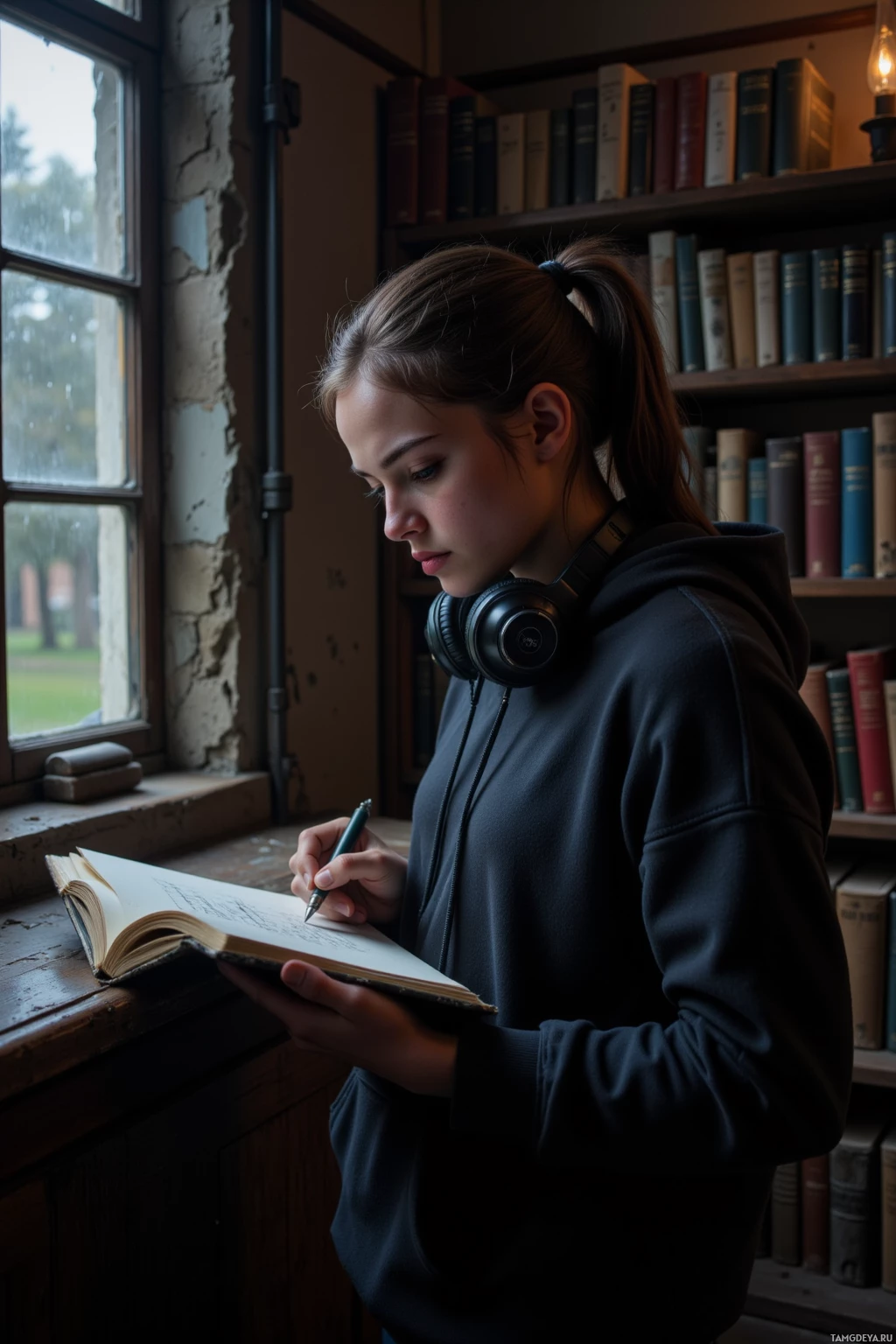 A young person wearing headphones and a hoodie is writing in a notebook by a window in a library.