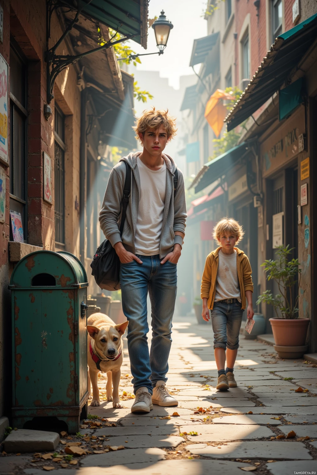 Two individuals and a dog walk down a sunlit alleyway with brick buildings and a trash bin.