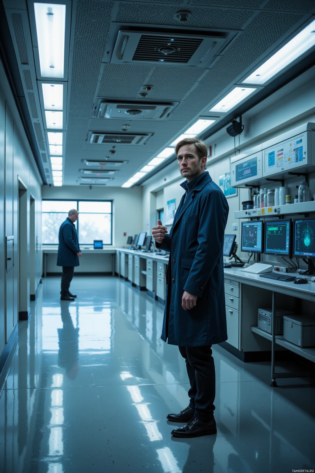 A man in a lab coat stands in a laboratory corridor, with another person in the background.
