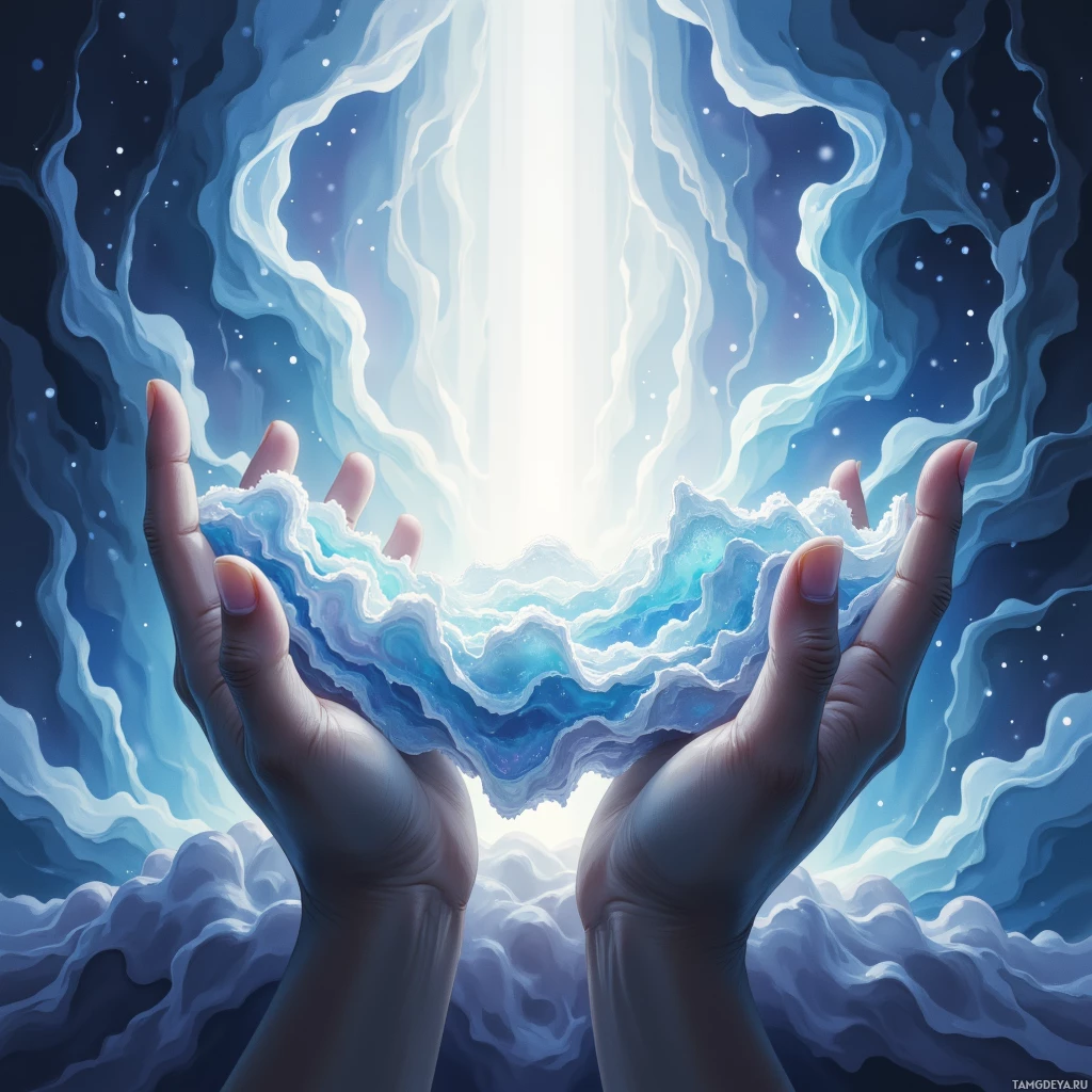 Two hands cup a glowing, ethereal blue light against a starry night sky.