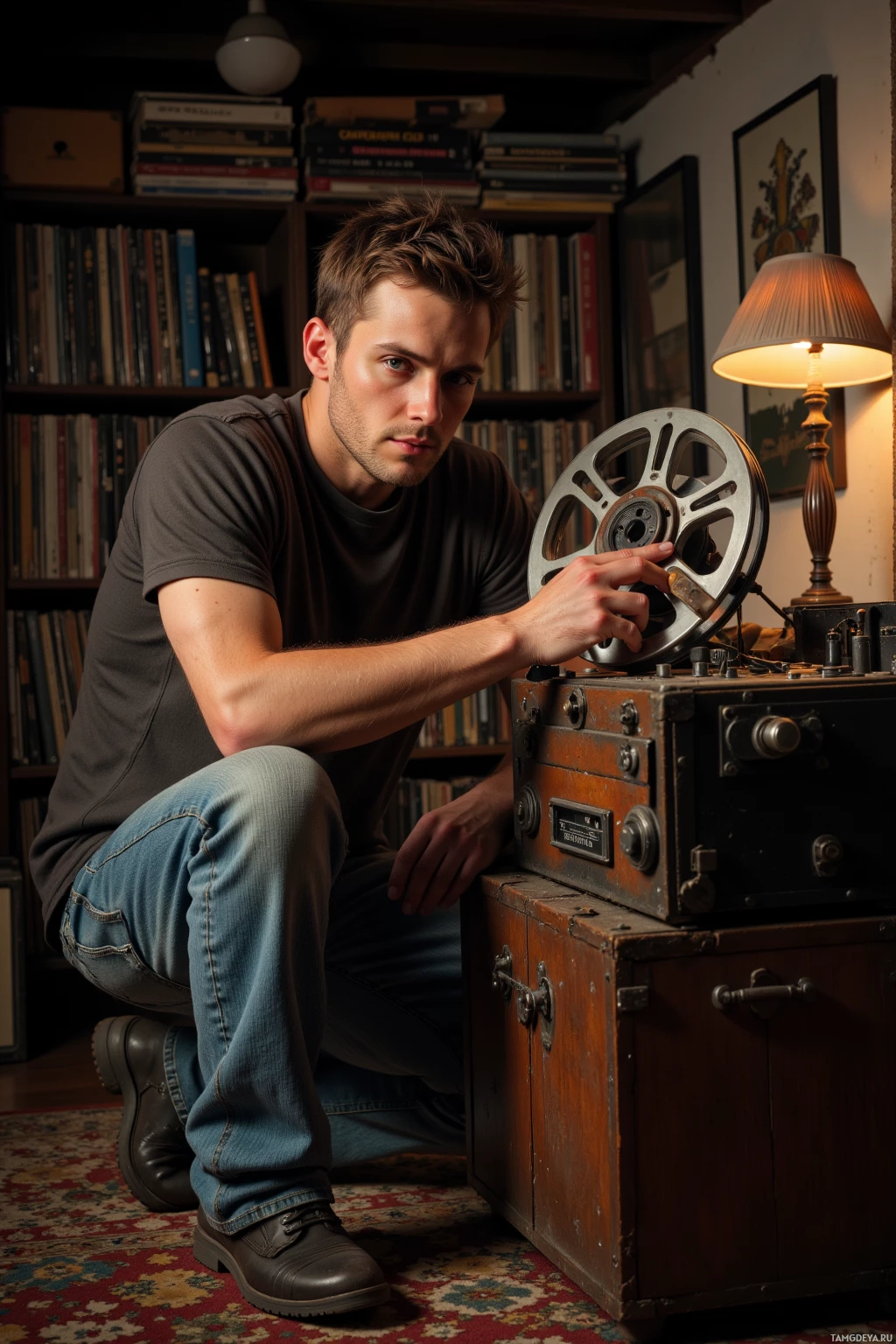A man kneels beside a vintage reel-to-reel tape recorder in a cozy room with bookshelves and a lamp.