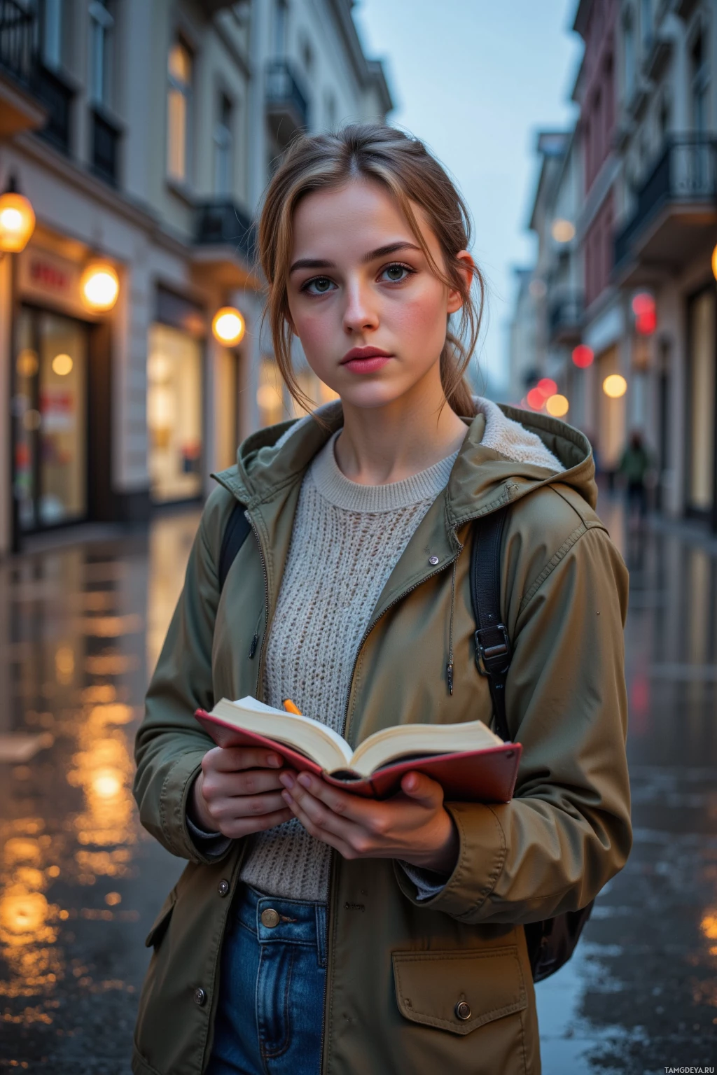 A young woman stands on a wet street holding an open book.