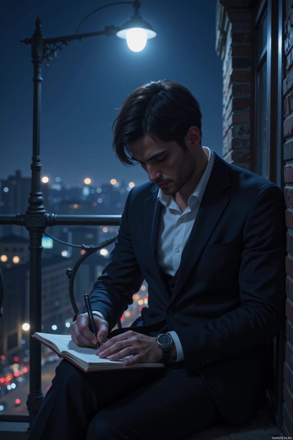 A man in a suit sits on a ledge, writing in a notebook under a streetlamp at night.